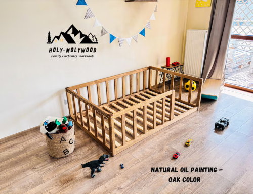 łóżko dla malucha z barierką podłogowe  z barierką Montessori łóżko z niskim wejściem i barierką drewniane Montessori bed with rail wooden Montessori Montessori floor bed