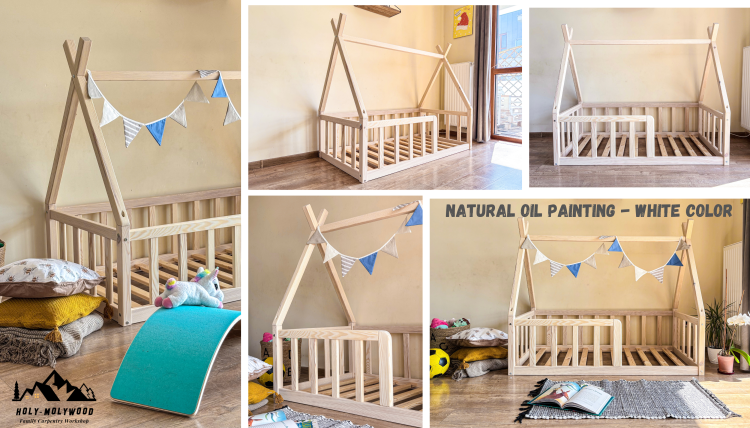 kids tipi bed  floor bed Montessori  wooden Montessori bed  Montessori style bed for toddlers  children’s tipi bed  toddler floor bed  Scandinavian kids bed  teepee bed for kids  house-shaped bed