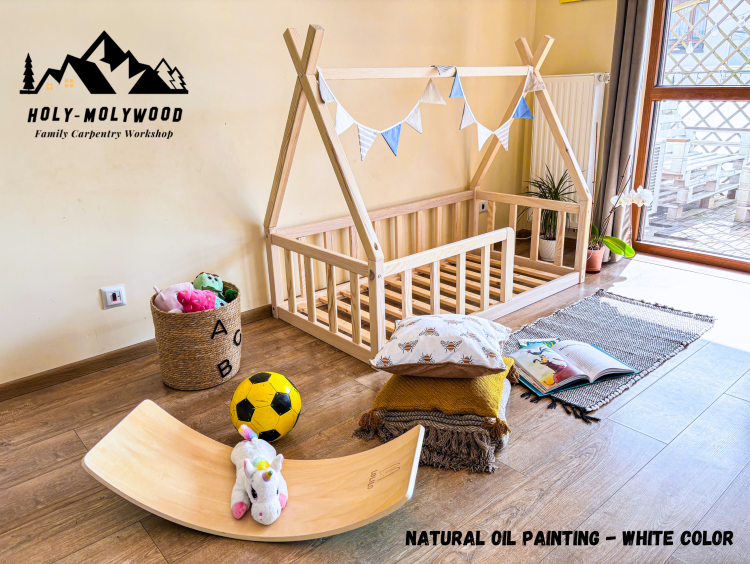 łóżko wigwam tipi dziecięce łóżko domek dla dziecka  Montessori  łóżko podłogowe dla dziecka  drewniane w stylu Montessori  łóżko dziecięce wigwam  łóżko dla malucha Montessori  łóżko skandynawskie dziecięce  bezpieczne łóżko dla dziecka z barierką