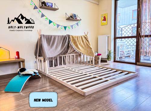 skandynawskie Łóżko dziecięce tipi domek podłogowe z barierką zabezpieczającą z zabezpieczeniem przed wypadnięciem pojedyńcze Montessori teepee house z drewna solidnego litego dla dzieci solid wood toddler floor bed montessori tatami