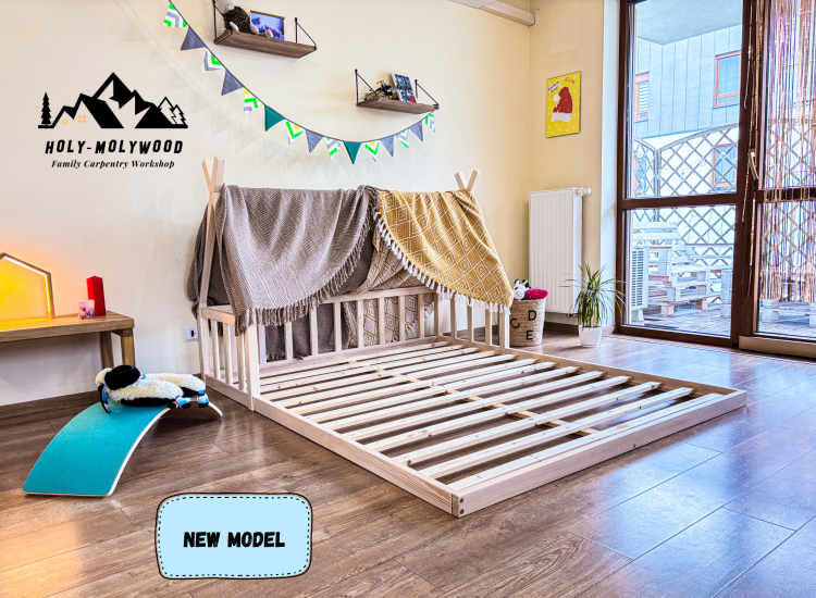 skandynawskie Łóżko dziecięce tipi domek podłogowe z barierką zabezpieczającą z zabezpieczeniem przed wypadnięciem pojedyńcze Montessori teepee house z drewna solidnego litego dla dzieci solid wood toddler floor bed montessori tatami