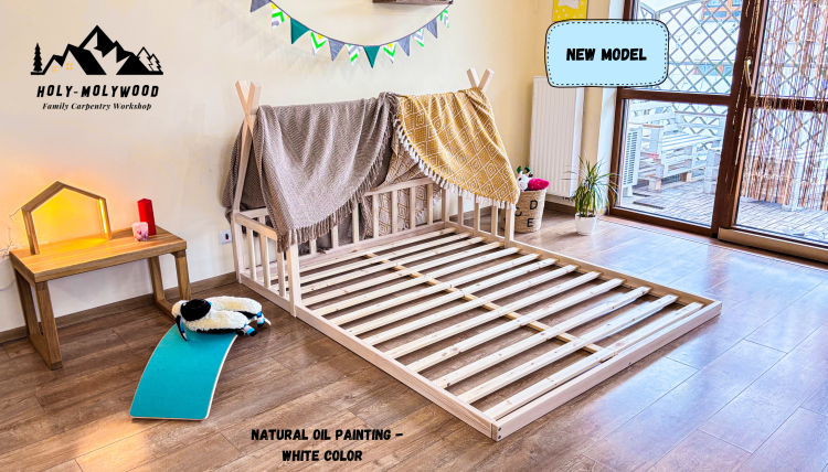 skandynawskie Łóżko dziecięce tipi domek podłogowe z barierką zabezpieczającą z zabezpieczeniem przed wypadnięciem pojedyńcze Montessori teepee house z drewna solidnego litego dla dzieci solid wood toddler floor bed montessori tatami