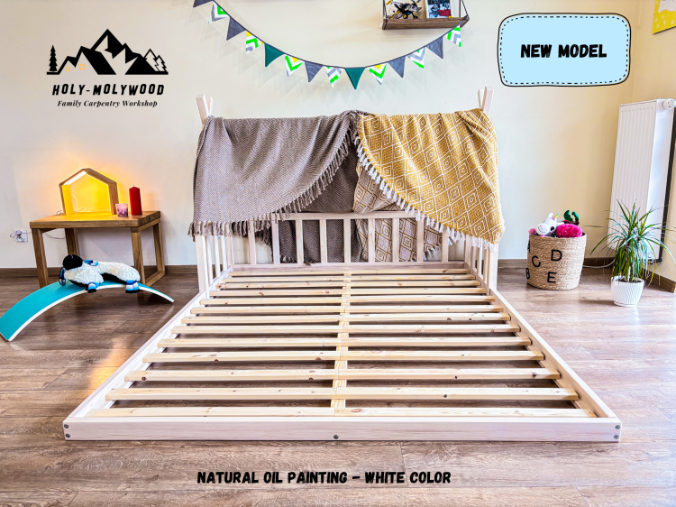 skandynawskie Łóżko dziecięce tipi domek podłogowe z barierką zabezpieczającą z zabezpieczeniem przed wypadnięciem pojedyńcze Montessori teepee house z drewna solidnego litego dla dzieci solid wood toddler floor bed montessori tatami