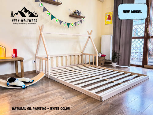 skandynawskie Łóżko dziecięce tipi domek podłogowe z barierką zabezpieczającą z zabezpieczeniem przed wypadnięciem pojedyńcze Montessori teepee house z drewna solidnego litego dla dzieci solid wood toddler floor bed montessori tatami