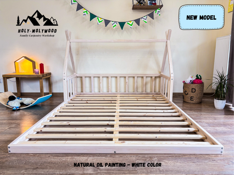 skandynawskie Łóżko dziecięce tipi domek podłogowe z barierką zabezpieczającą z zabezpieczeniem przed wypadnięciem pojedyńcze Montessori teepee house z drewna solidnego litego dla dzieci solid wood toddler floor bed montessori tatami