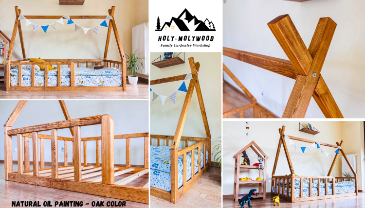 skandynawskie Łóżko dziecięce tipi domek z nóżkami podłogowe z barierką zabezpieczającą z zabezpieczeniem przed wypadnięciem pojedyńcze Montessori teepee house z drewna solidnego litego dla dzieci solid wood toddler floor bed montessori with legs