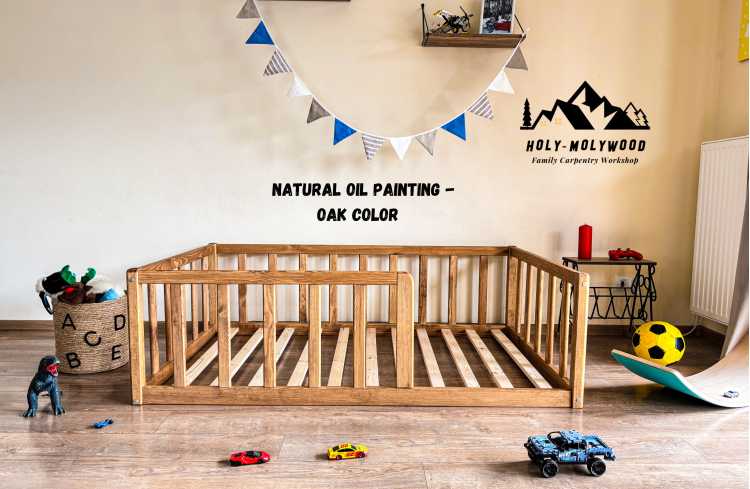 Kinderbett mit Schutzgitter Kleinkindbett Bodennahes Bett mit Schutzgitter Montessori Bett mit niedrigem Einstieg und Schutzgitter Holz Montessori Bett Montessori Bodenbett