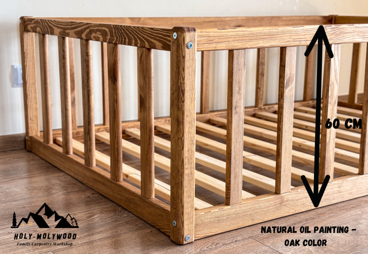 Kinderbett mit Schutzgitter Kleinkindbett Bodennahes Bett mit Schutzgitter Montessori Bett mit niedrigem Einstieg und Schutzgitter Holz Montessori Bett Montessori Bodenbett