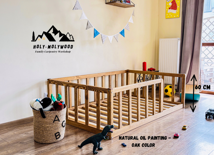 oak 60cm Kinderbett mit Schutzgitter Kleinkindbett Bodennahes Bett mit Schutzgitter Montessori Bett mit niedrigem Einstieg und Schutzgitter Holz Montessori Bett Montessori Bodenbett