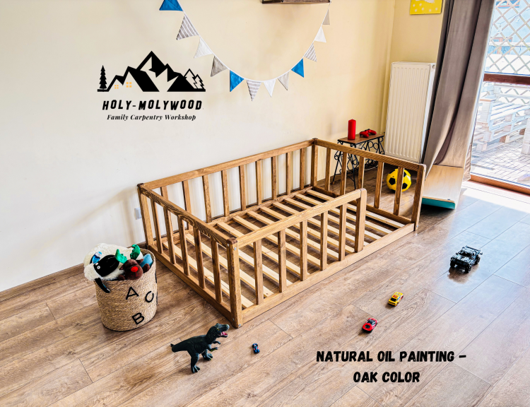Kinderbett mit Schutzgitter Kleinkindbett Bodennahes Bett mit Schutzgitter Montessori Bett mit niedrigem Einstieg und Schutzgitter Holz Montessori Bett Montessori Bodenbett