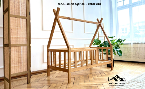 skandynawskie Łóżko dziecięce tipi domek z nóżkami podłogowe z barierką zabezpieczającą z zabezpieczeniem przed wypadnięciem pojedyńcze Montessori teepee house z drewna solidnego litego dla dzieci solid wood toddler floor bed montessori with legs