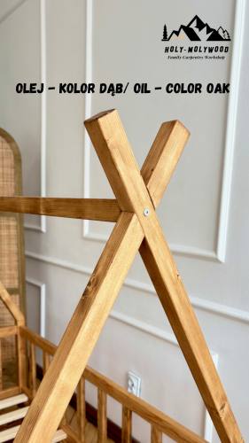 skandynawskie Łóżko dziecięce tipi domek z nóżkami podłogowe z barierką zabezpieczającą z zabezpieczeniem przed wypadnięciem pojedyńcze Montessori teepee house z drewna solidnego litego dla dzieci solid wood toddler floor bed montessori with legs