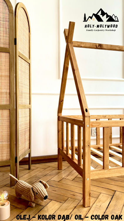 skandynawskie Łóżko dziecięce tipi domek z nóżkami podłogowe z barierką zabezpieczającą z zabezpieczeniem przed wypadnięciem pojedyńcze Montessori teepee house z drewna solidnego litego dla dzieci solid wood toddler floor bed montessori with legs