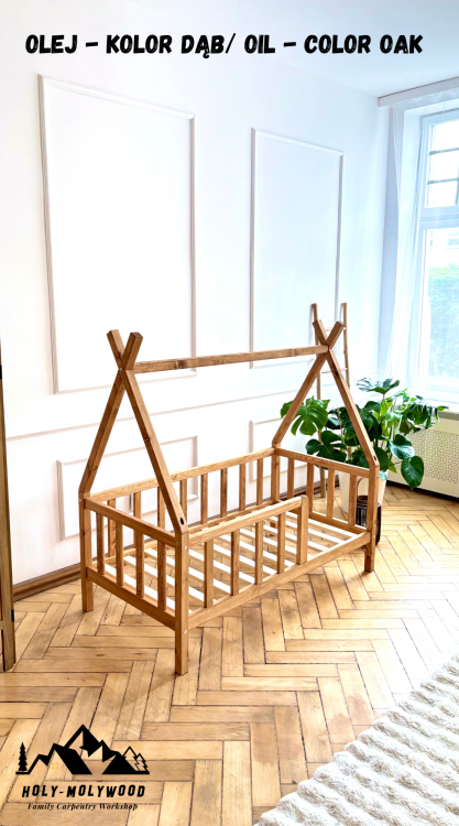 skandynawskie Łóżko dziecięce tipi domek z nóżkami podłogowe z barierką zabezpieczającą z zabezpieczeniem przed wypadnięciem pojedyńcze Montessori teepee house z drewna solidnego litego dla dzieci solid wood toddler floor bed montessori with legs