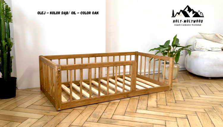 Montessori wooden rustic modern floor bed for kids | Toddler bed with safety rail | Solid pine single bed frame | Natural eco handmade furniture