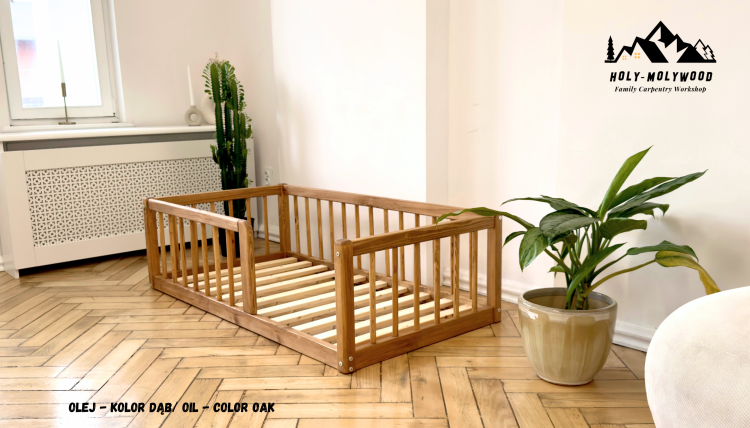 Montessori wooden rustic modern floor bed for kids | Toddler bed with safety rail | Solid pine single bed frame | Natural eco handmade furniture