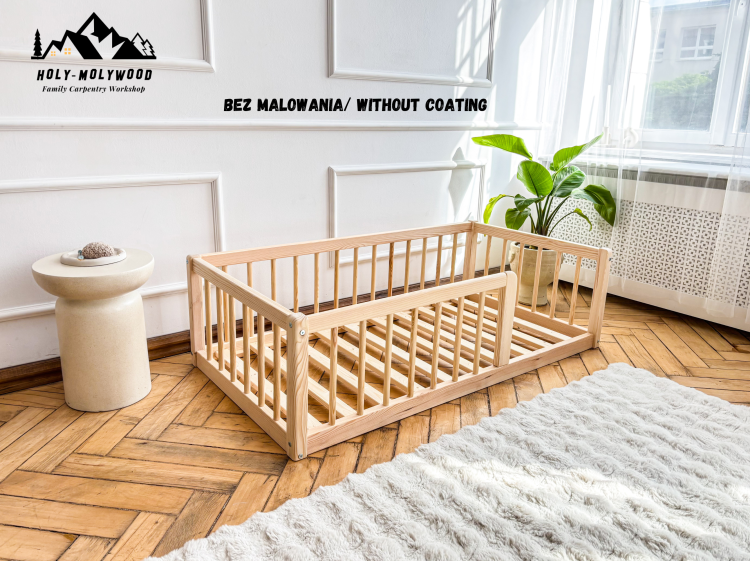 Montessori wooden rustic modern floor bed for kids | Toddler bed with safety rail | Solid pine single bed frame | Natural eco handmade furniture