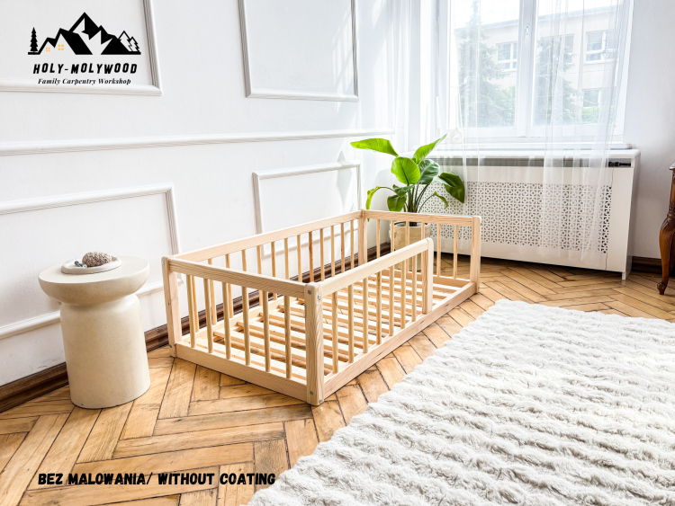 Montessori wooden rustic modern floor bed for kids | Toddler bed with safety rail | Solid pine single bed frame | Natural eco handmade furniture