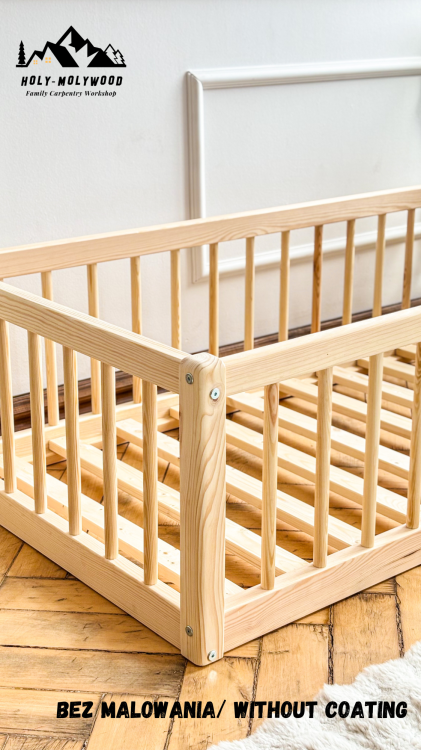 Montessori wooden rustic modern floor bed for kids | Toddler bed with safety rail | Solid pine single bed frame | Natural eco handmade furniture