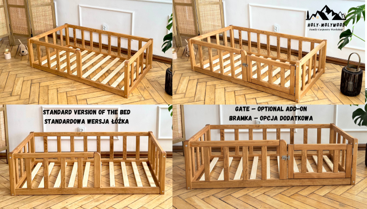 Łóżko dziecięce podłogowe z barierką zabezpieczającą z zabezpieczeniem przed wypadnięciem pojedyńcze Montessori z drewna solidnego litego dla dzieci z bramką furtką