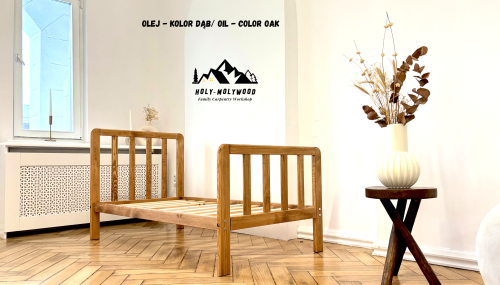 Drewniane skandynawskie Łóżko dziecięce z drewna solidnego litego dla dzieci  na nóżkach, z lamelami solid wood toddler montessori floor bed styl skandynawski