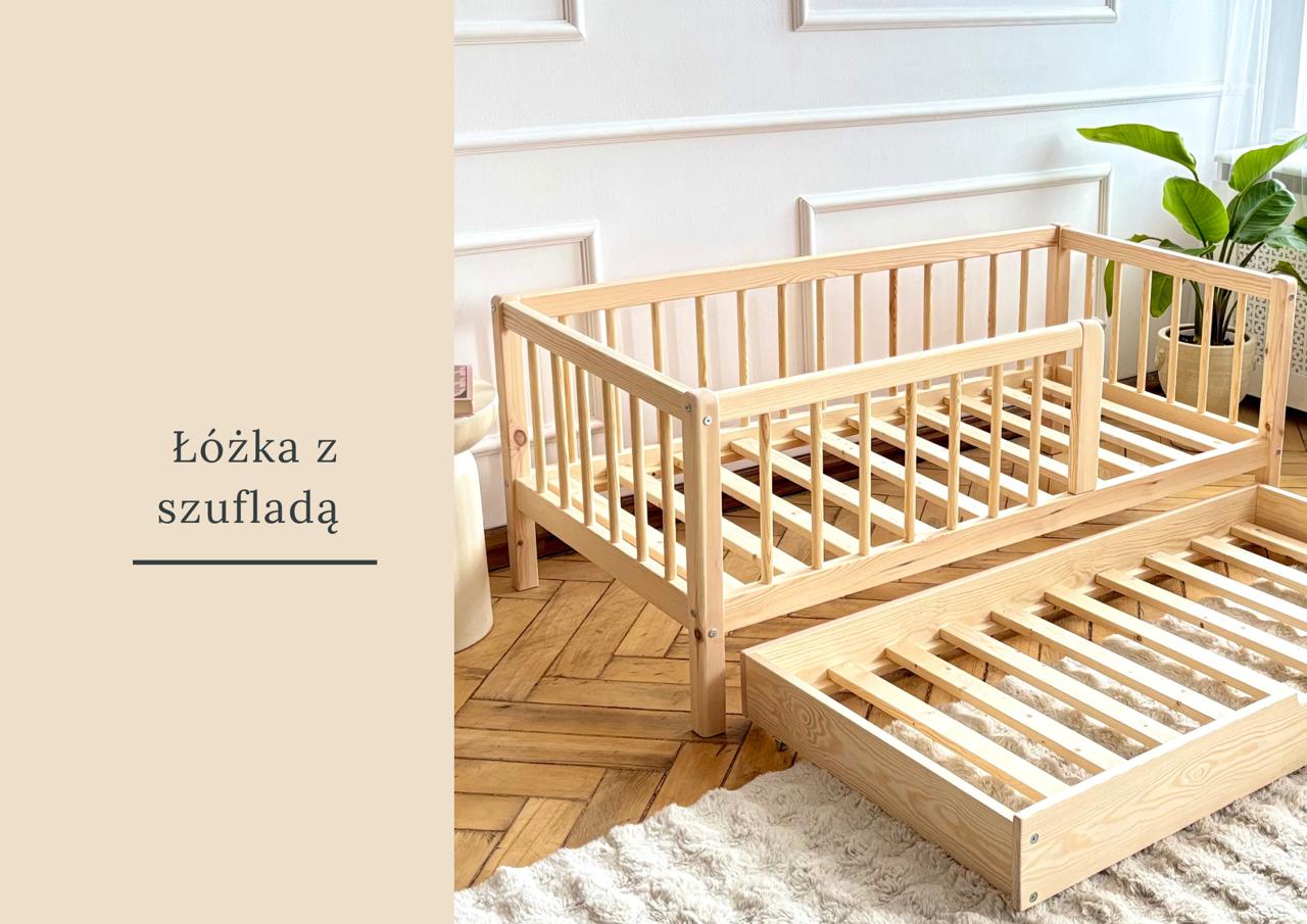 Łóżko dziecięce drewniane z szufladą i barierką