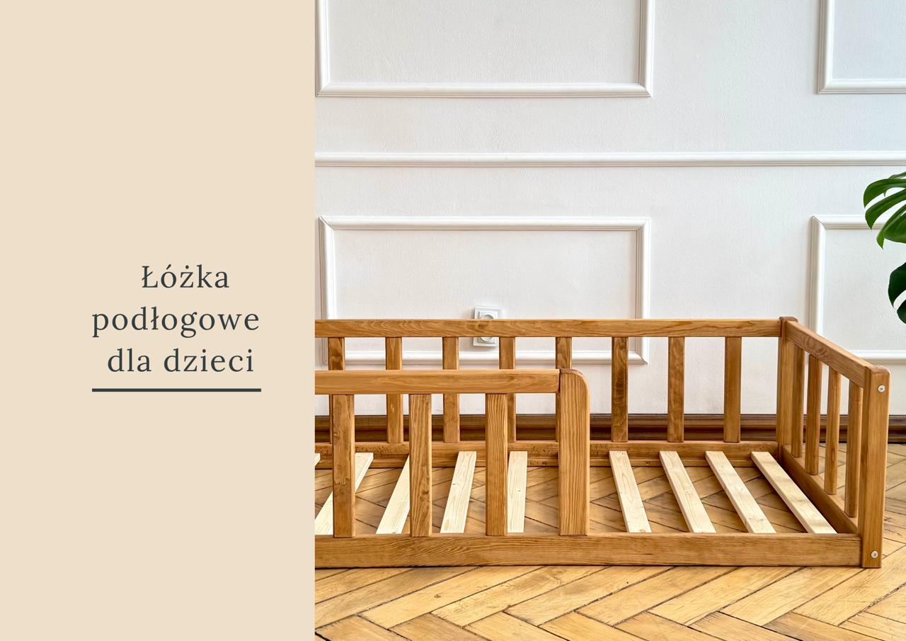 Łóżko podłogowe Montessori dla dzieci drewniane z barierką