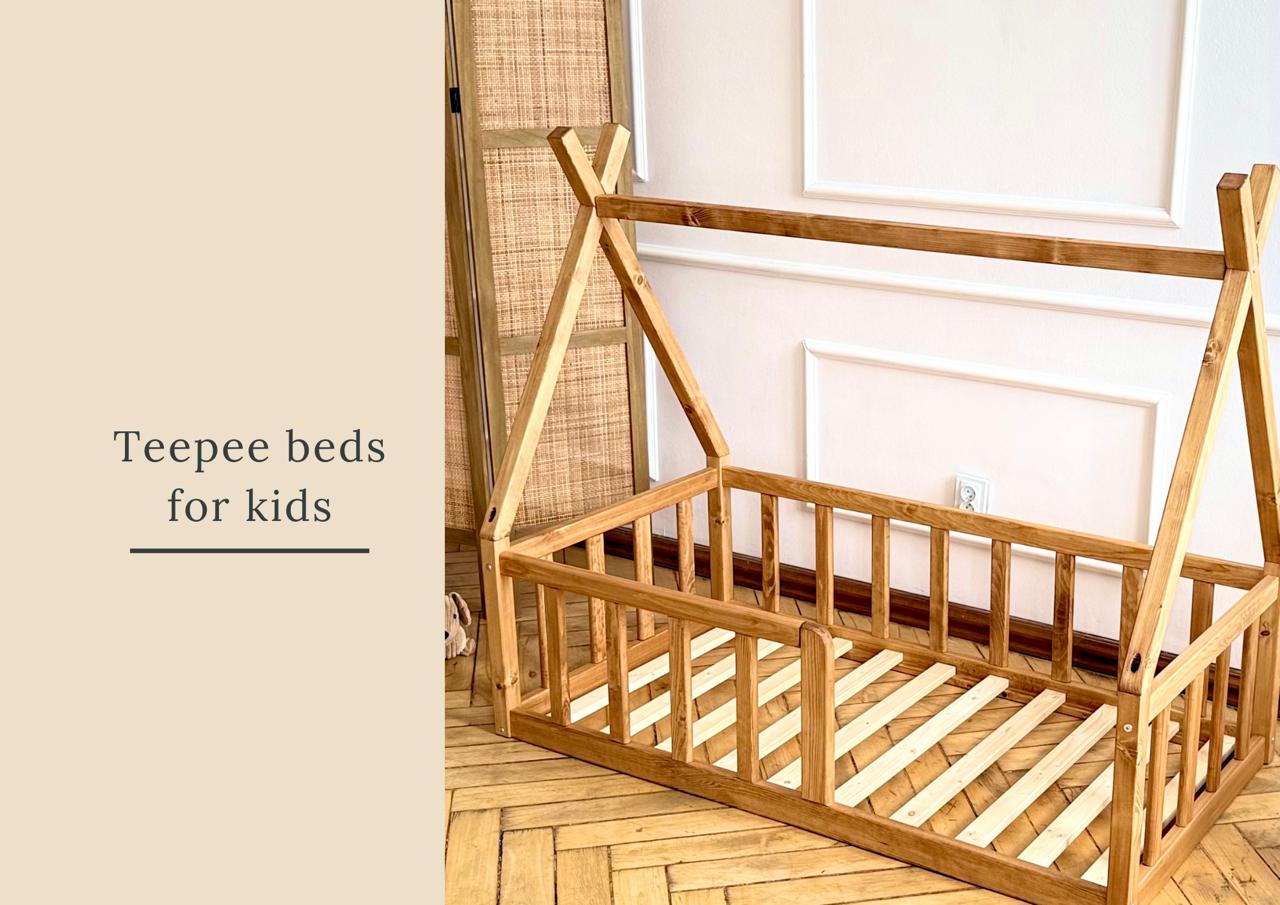 Wooden teepee bed for kids with safety rails